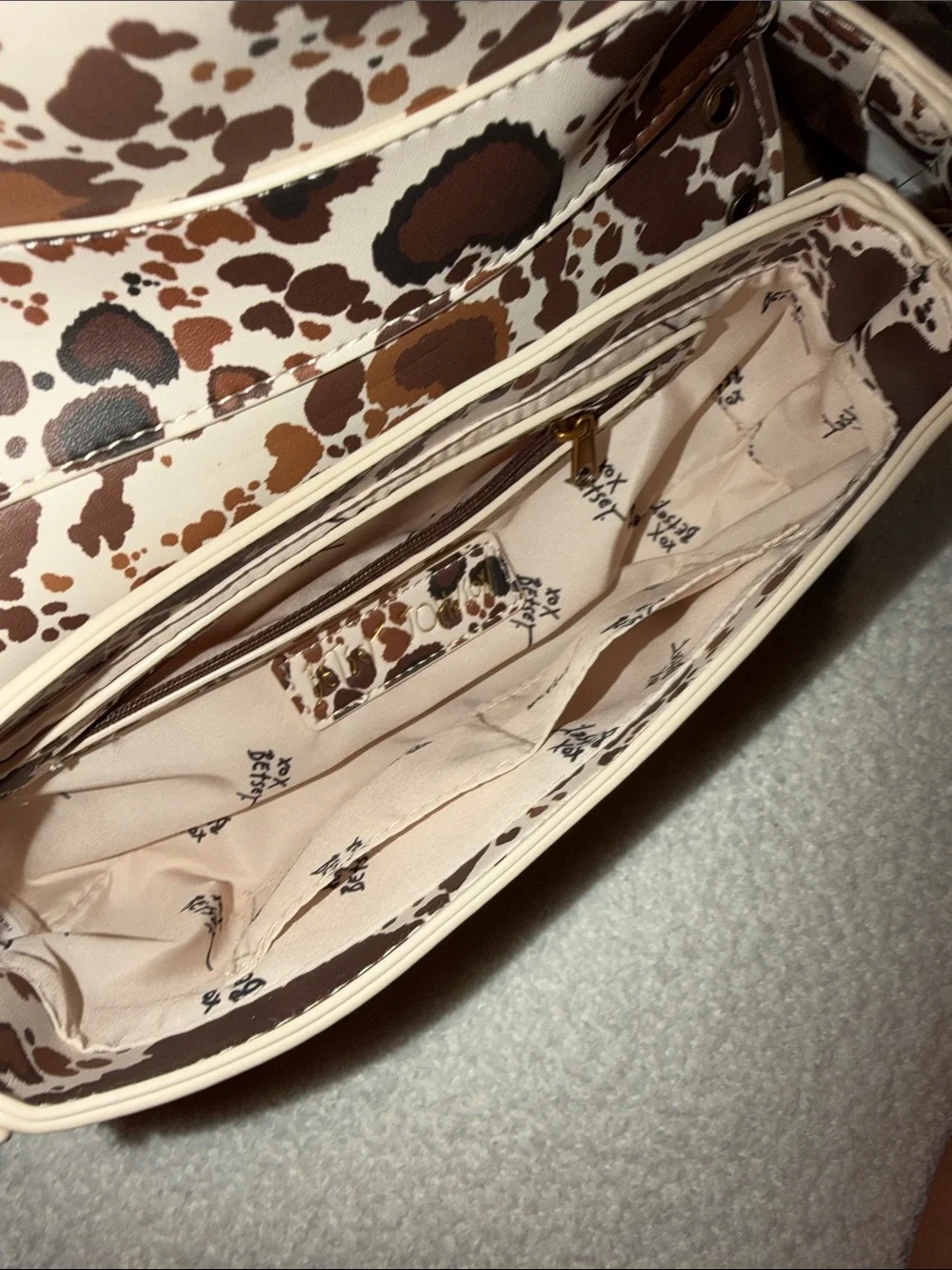 Betsey Johnson Brown and White Cow Print Studded Shoulder Bag